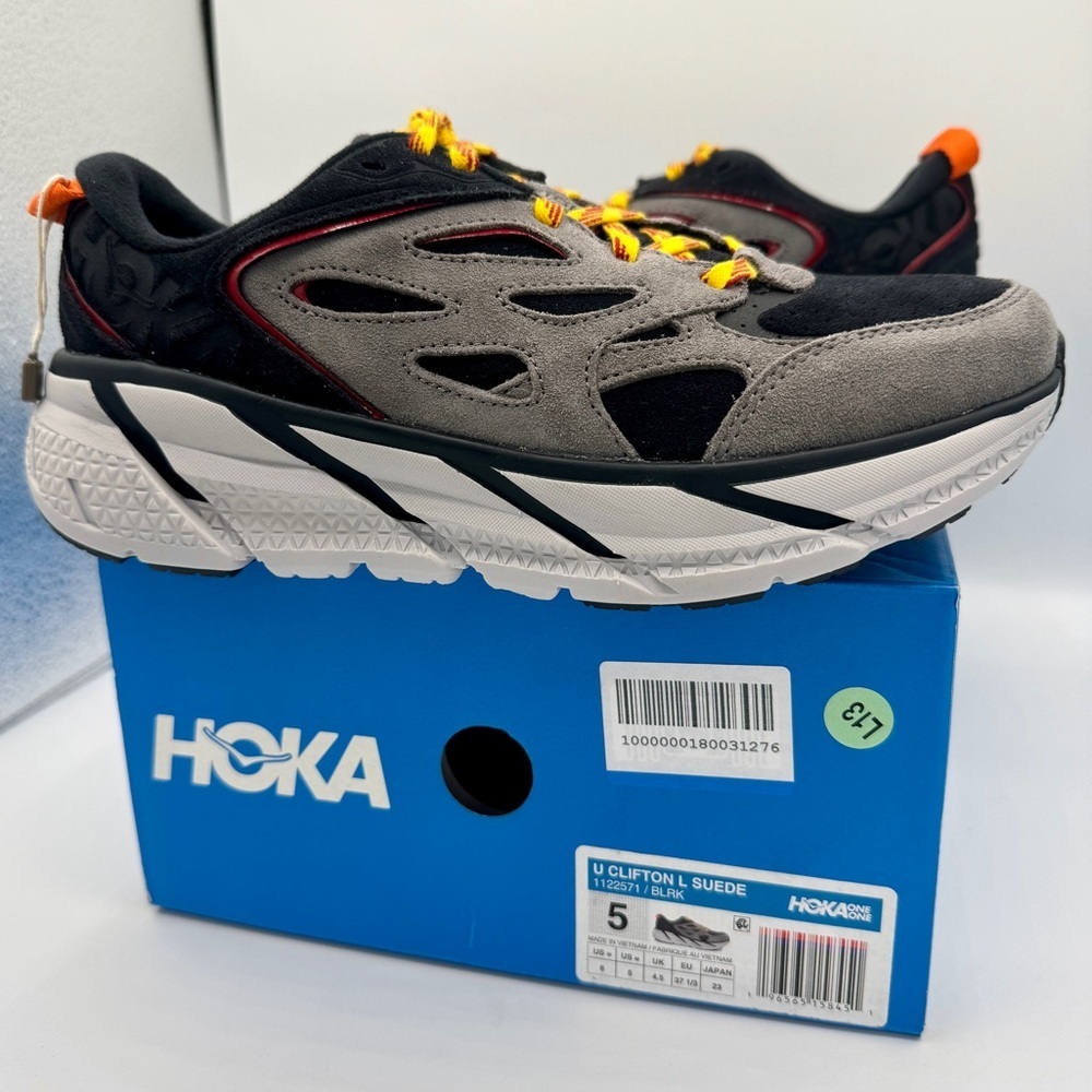 NWT Hoka Clifton L Suede in Black / Lunar Rock Grey UNISEX Shoes Leather BLRK